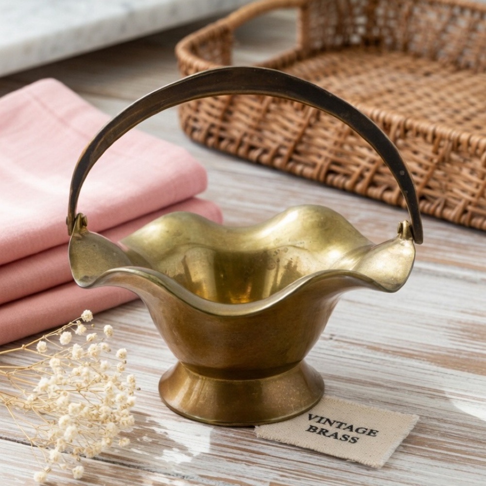 Vintage Brass Basket with a Hinged Handle